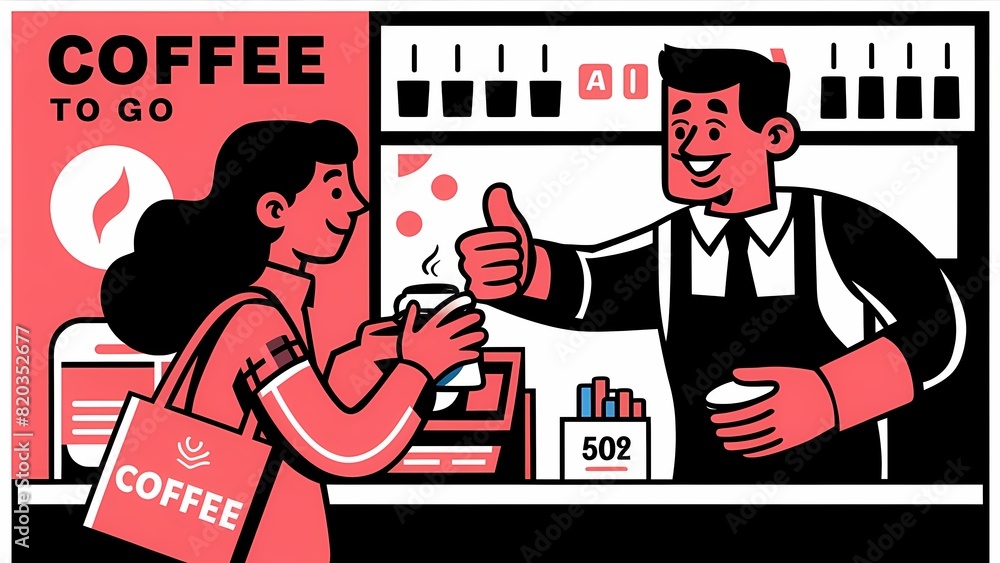 Obraz premium Morning Ritual: Girl Buying Her Coffee Illustration for Coffee Lovers T-Shirt