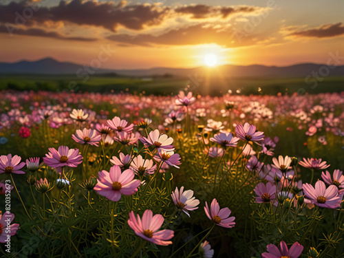 Sunset and cosmos flower field