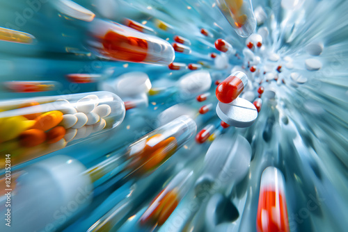 Illustration of various pills and capsules in motion against a blue background photo