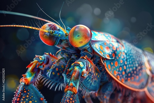 A colorful, multi-colored crab with a blue and orange head. The crab is surrounded by a blurry background photo