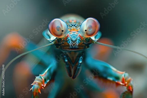 A close up of a blue and orange bug with red eyes. The bug is looking at the camera photo