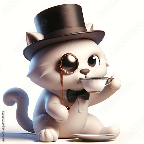 3D render A cartoon cat wearing a top hat and monocle, pretending to be an elegant aristocat, sipping from a teacup photo