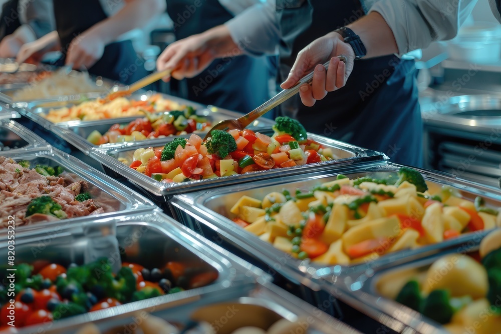 Obraz premium A group of people are serving food from a buffet line. The food includes a variety of vegetables such as broccoli, carrots, and tomatoes. The atmosphere is casual and relaxed