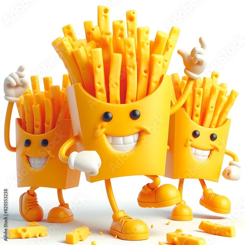 3D render Cheesy French Fries with Arms and Legs Dancing