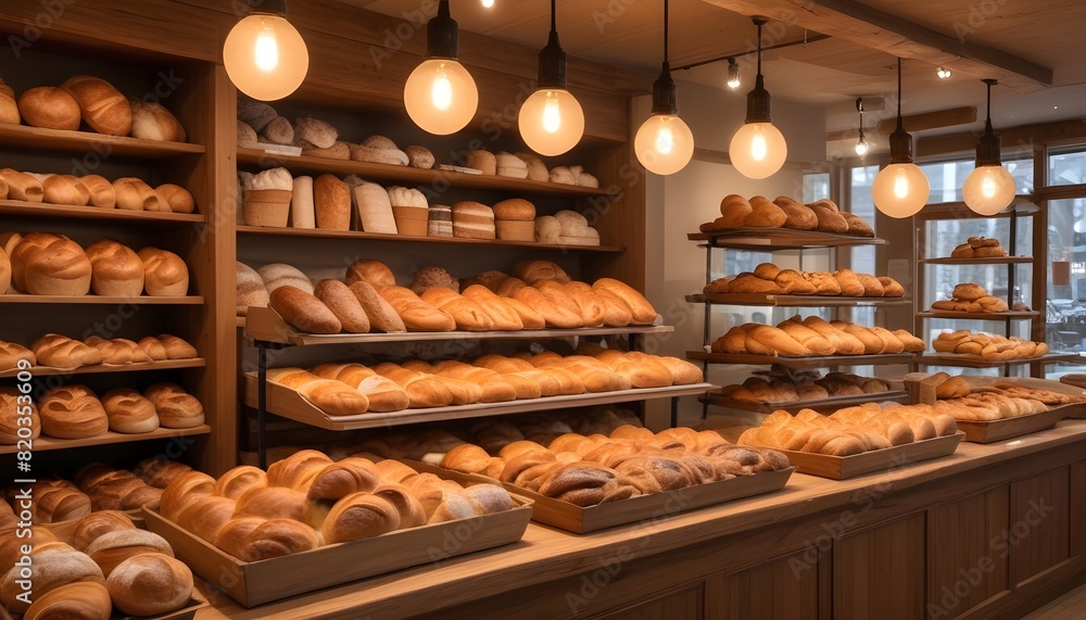 A bakery display with various freshly baked breads, pastries, and other baked goods . The display is set against a warm, cozy interior with wooden shelves, hanging lamps, and a busy atmosphere