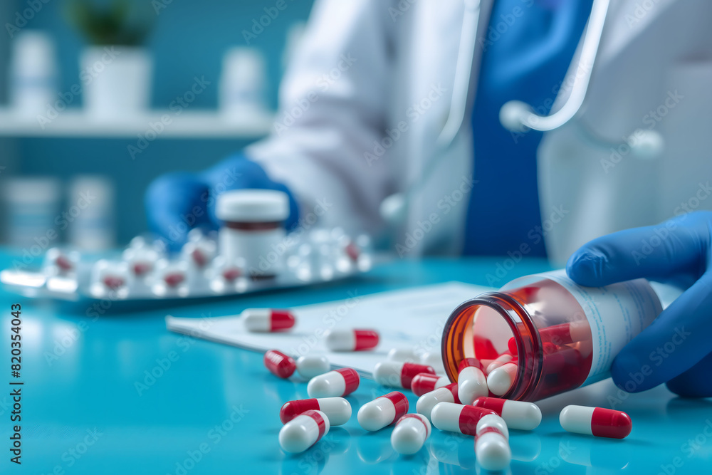 Close-up of a doctor with blue gloves spilling red and white capsules from an amber pill bottle onto a reflective surface