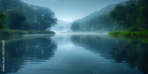 Intimate Lake Scene in Tranquil Landscape with Blue-Green Palette