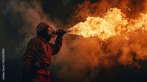 A worker operating a ane flare burning off excess gas to prevent it from escaping into the atmosphere. photo