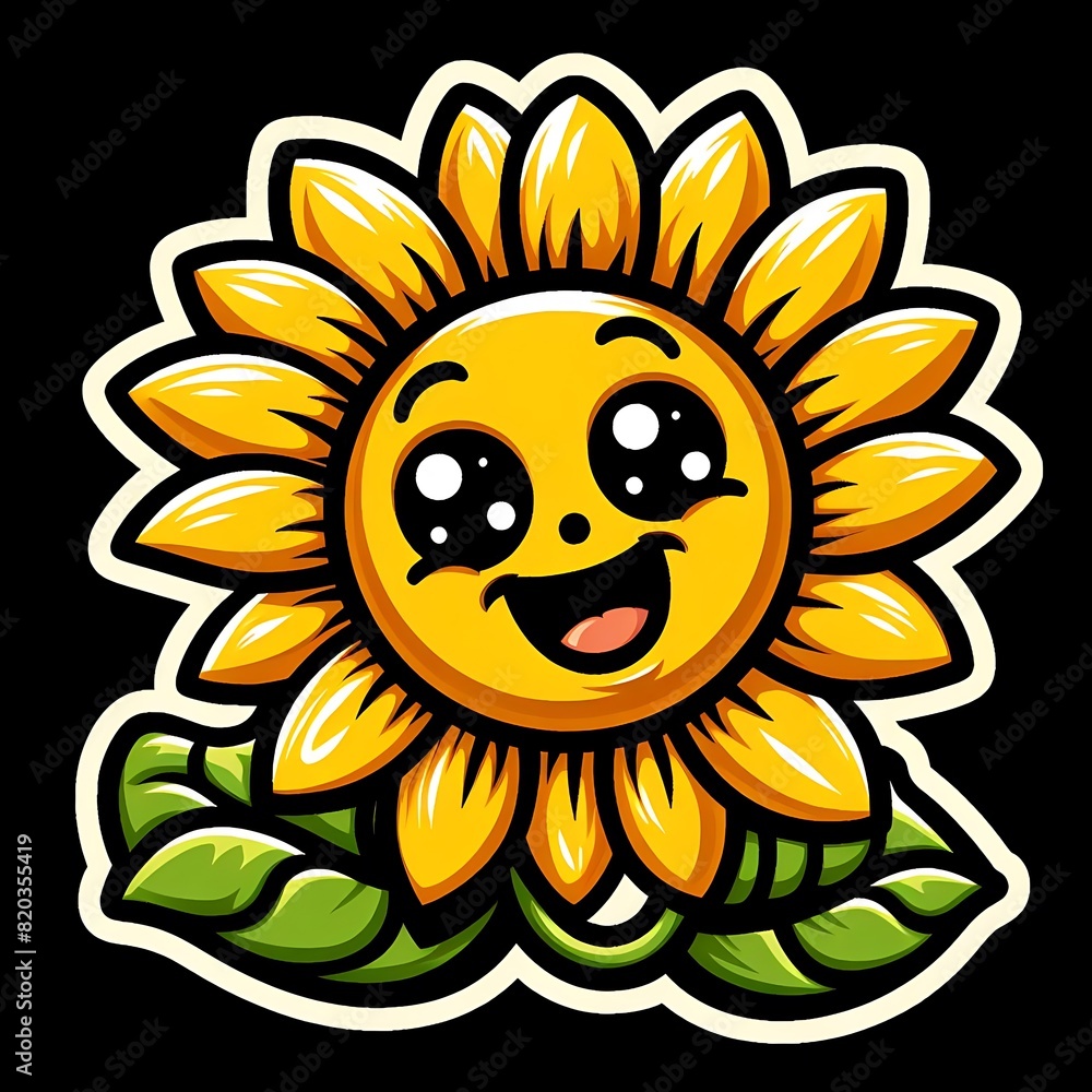 A cheerful cartoon sunflower with a smiling face and vibrant petals.