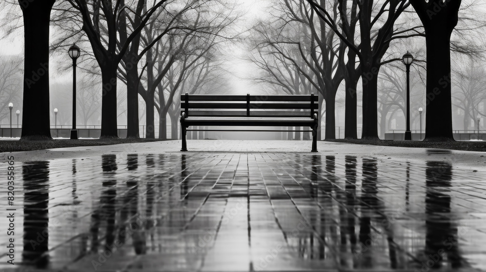 A black and white photograph showing a park bench in the rain, surrounded by a natural landscape. Keywords include tree, wood, building, sunlight, grass, symmetry A black and white photograph showing a park bench in the rain, surrounded by a natural landscape. Keywords include tree, wood, building, sunlight, grass, symmetry