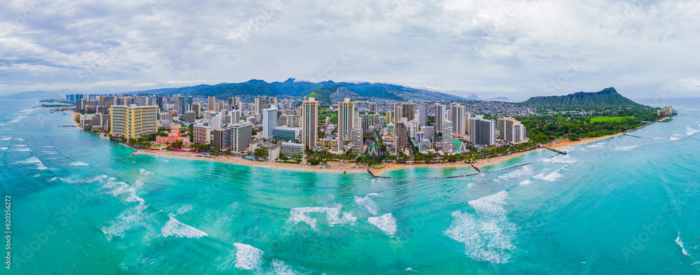 custom made wallpaper toronto digitalAerial panoramic shot of Waikiki Beach in Honolulu under overcast skies with rain on the mountains