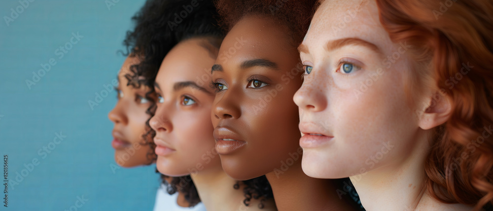 Obraz premium Five beautiful women with different skin tones and hair colors, emphasizing diversity while maintaining elegance and beauty in their appearance. contemporary fashion trends, sophisticated