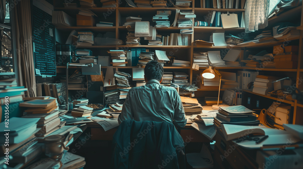 Naklejka premium A person sitting at his desk, surrounded by papers and books scattered with notes. A messy office environment full of bookshelves, concept of productivity, organization