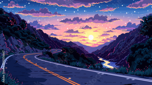 Illustrated sunset road trip with winding road through mountains and river, starry sky and vibrant colors, capturing a sense of adventure and scenic beauty