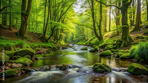 A babbling brook winding its way through a lush green forest, offering a natural, free space for solitude and reflection photo