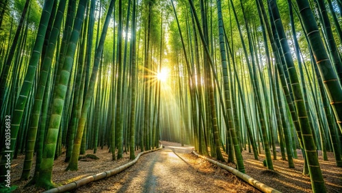 A serene bamboo grove with sunlight filtering through the dense canopy, casting intricate shadows on the forest floor photo