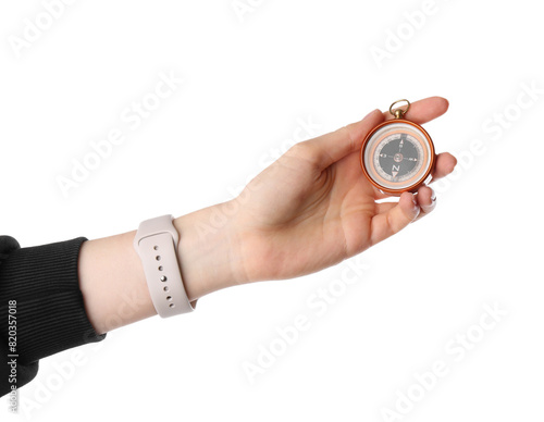 Woman holding compass on white background, closeup