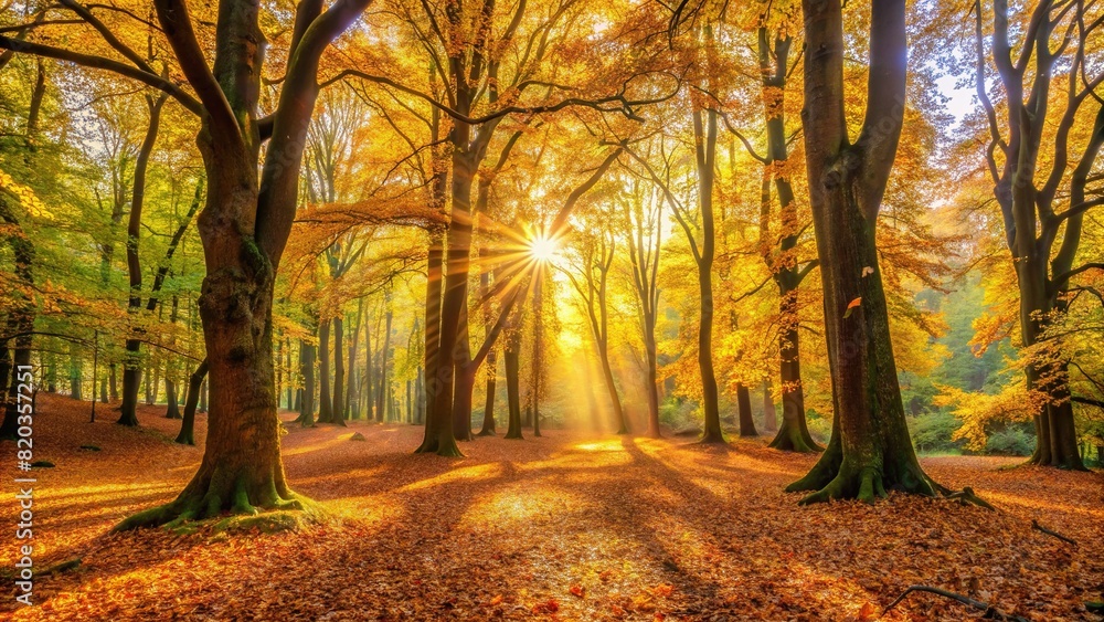 A serene forest glade bathed in golden sunlight, with a carpet of fallen leaves and towering trees