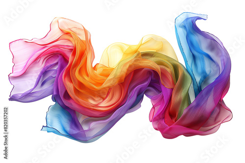 The image shows a flowing piece of multicolored fabric, resembling a rainbow