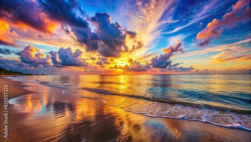 A tranquil beach at sunset, where the sky meets the water in a breathtaking display of colors, creating a natural, free space for contemplation photo