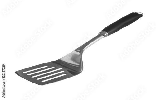 One metal spatula with black handle isolated on white