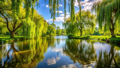 A tranquil pond surrounded by weeping willows, their branches gently swaying in the breeze, creating a sense of calm and serenity. photo