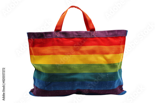 This is a photo of a rainbow tote bag with red handles