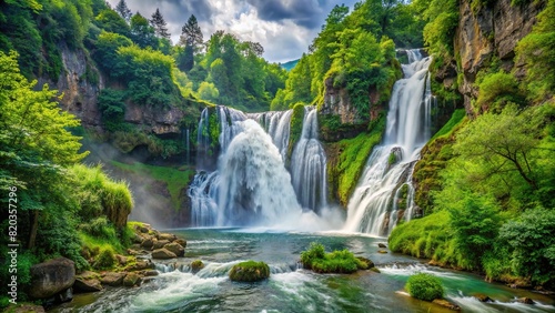 A cascading waterfall framed by lush greenery, its roaring waters echoing through the canyon, showcasing the raw power and beauty of nature. © prasit