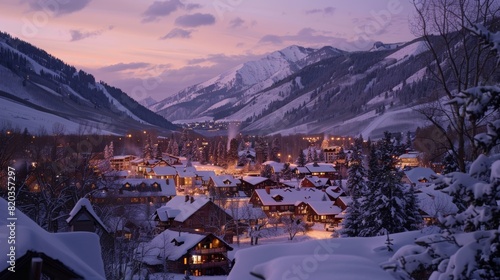 The alpenglow casts a warm and peaceful aura over a quaint village nestled at the base of the mountains. photo