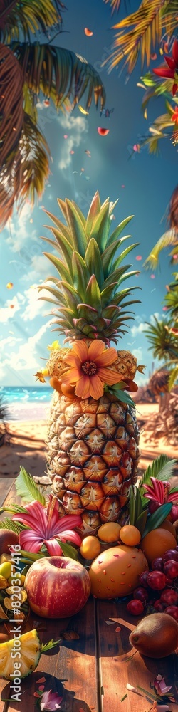A beautiful tropical location with a feast of fresh fruits featuring a pineapple and flowers. A beautiful tropical location with a feast of fresh fruits featuring a pineapple and flowers.