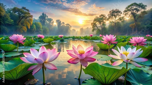 A serene pond surrounded by blooming lotus flowers, their petals depicted in soft watercolors #820357421