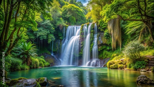 A tranquil scene of a secluded waterfall hidden within a dense forest, surrounded by lush vegetation