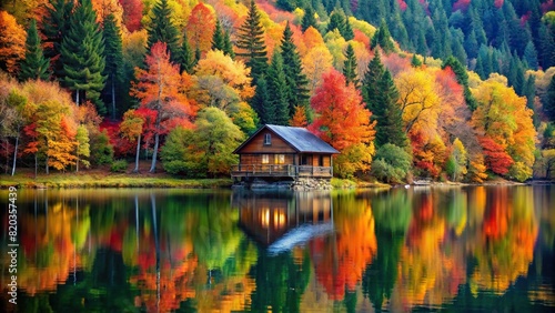 A secluded cabin nestled among tall trees beside a tranquil lake, surrounded by the vibrant colors of autumn photo