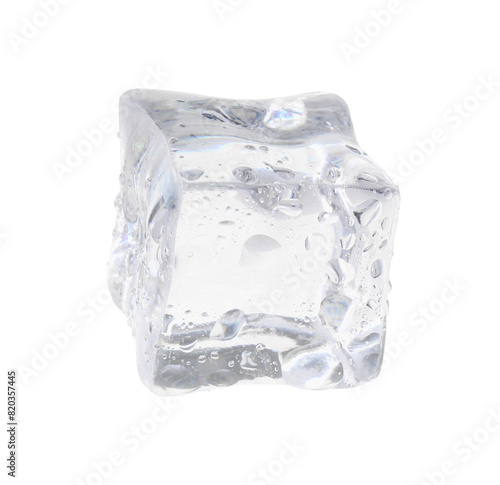One crystal clear ice cube isolated on white
