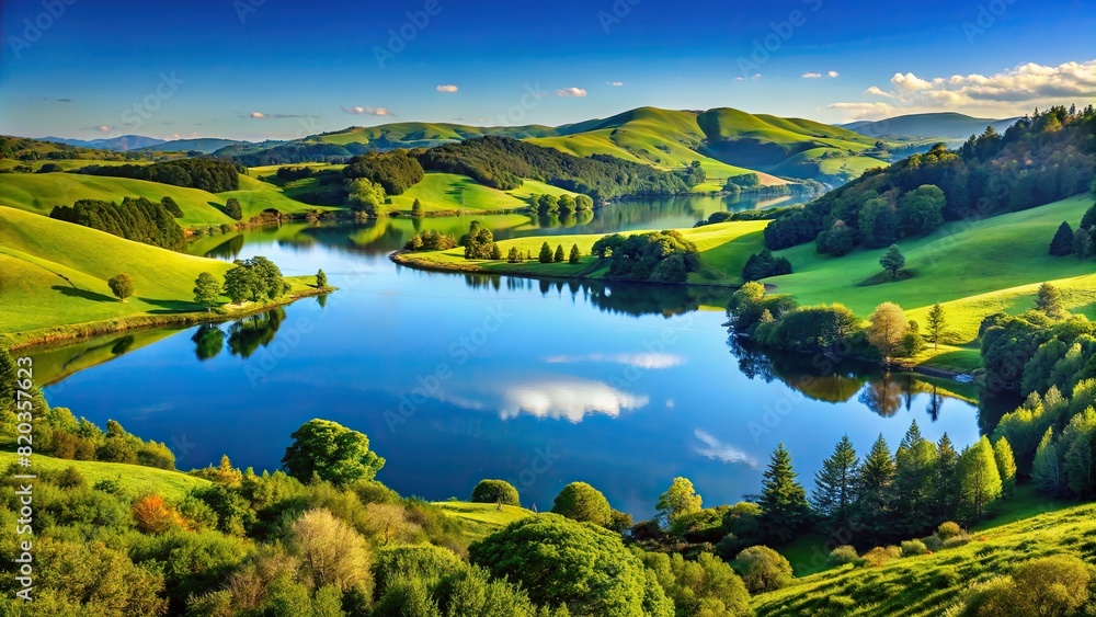 A serene landscape of rolling hills blanketed in lush greenery, with a clear blue sky overhead reflecting in a tranquil lake below.
