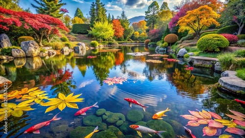 A tranquil pond in a Japanese garden, with koi fish swimming gracefully among lily pads and colorful foliage photo