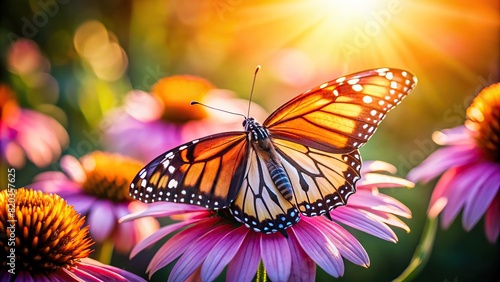 A close-up of a butterfly resting on a flower petal, its delicate wings spread open to catch the sunlight.