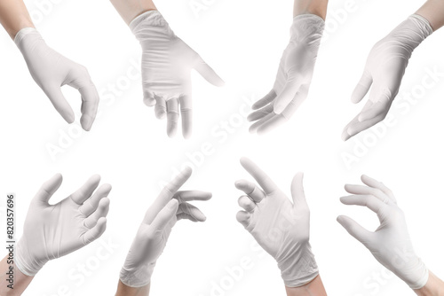 Photos Woman wearing medical glove on white background, closeup