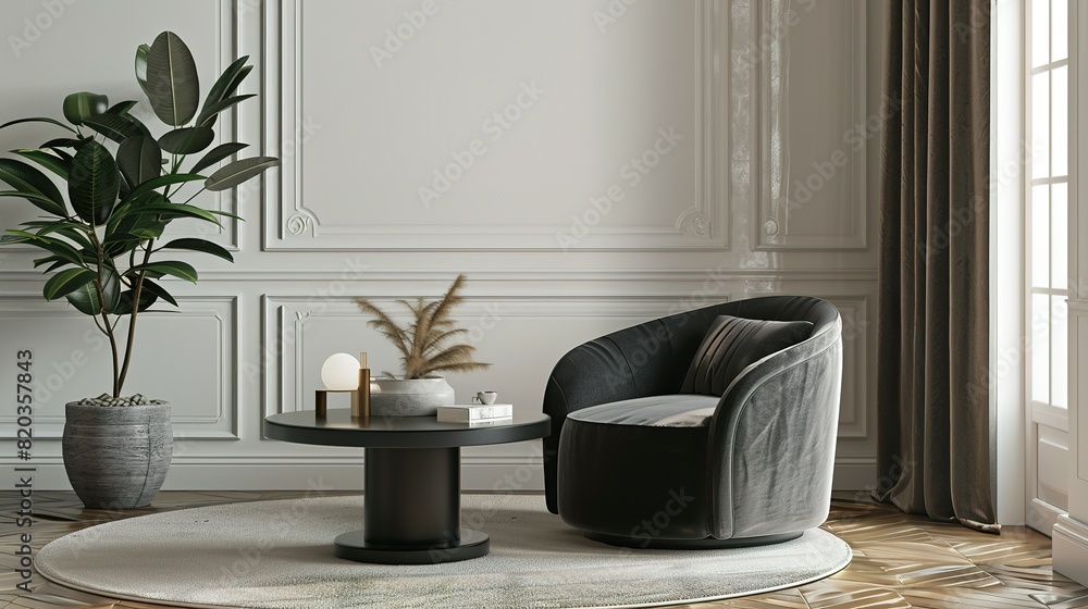 Fototapeta premium Panoramic 3D rendering of an interior featuring an armchair and coffee table.
