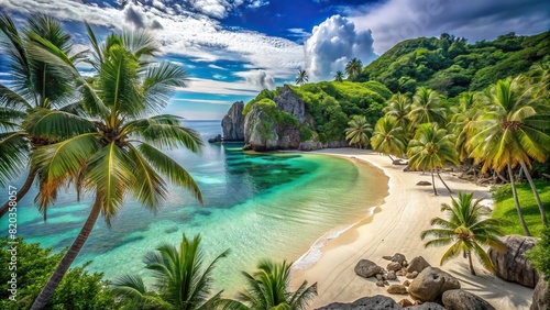 A secluded beach with powdery white sand and crystal-clear turquoise waters  framed by rugged cliffs and swaying palm trees.