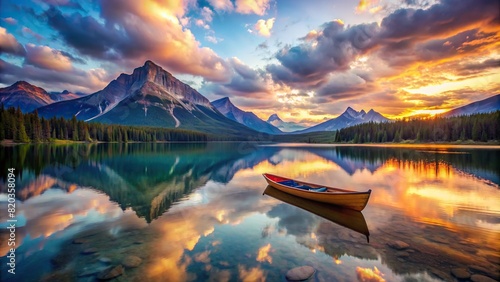 A lone canoe drifts lazily across a glassy lake, framed by towering mountains and a colorful sky painted with the soft brushstrokes of twilight #820358094