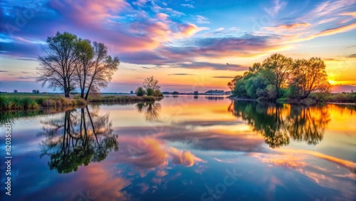 A tranquil riverside scene at dusk, with soft, pastel colors painting the sky and the silhouette of trees reflected in the calm water