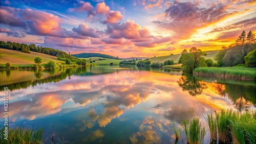 A tranquil lake nestled among rolling hills, reflecting the soft pastel hues of the sunset sky, creating a picturesque scene of natural beauty. photo
