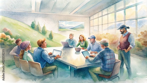 A group of farmers collaborating in a modern meeting room on a smart farm, discussing data-driven strategies for optimization photo