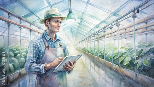 A farmer checks data on a tablet while standing in the midst of a high-tech greenhouse, where climate control systems ensure optimal conditions for plant growth
