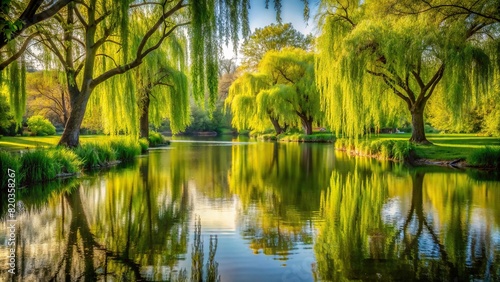 A tranquil pond surrounded by weeping willows, their branches gently sweeping the water's surface, creating a peaceful, reflective scene.