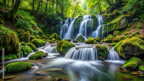 A cascading waterfall tumbles gracefully down moss-covered rocks  its pristine waters creating a soothing melody amidst the tranquil forest surroundings