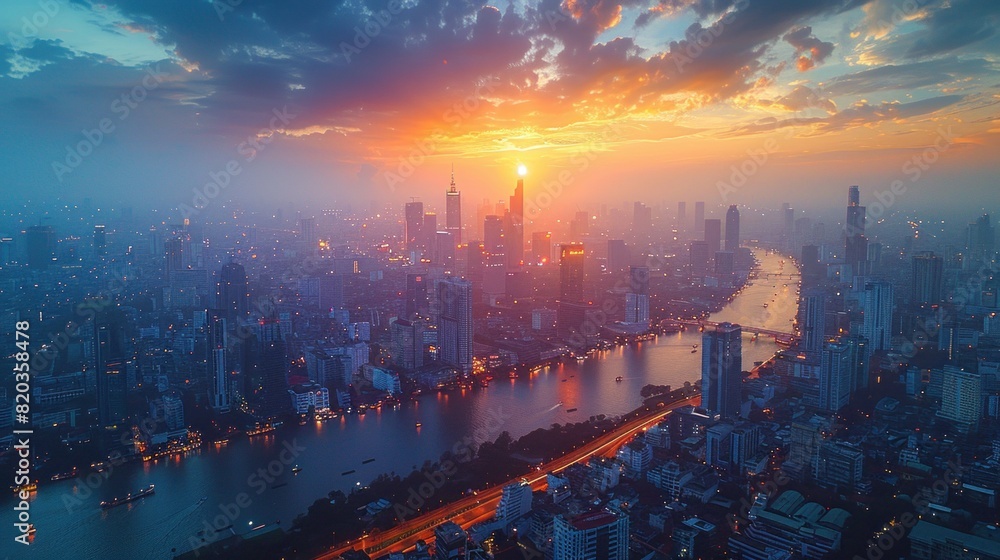 Obraz premium Bird's-eye view of the bustling cityscape of Bangkok at night