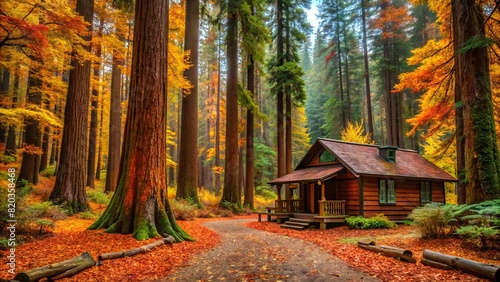 A secluded cabin nestled among towering redwood trees, surrounded by a carpet of colorful autumn leaves. photo