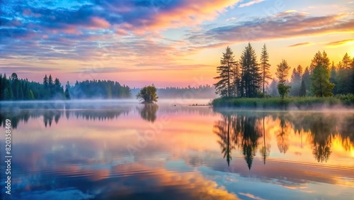 A tranquil scene of a mist-covered lake at dawn, painted in delicate watercolors, where the stillness of the water reflects the soft hues of the morning sky